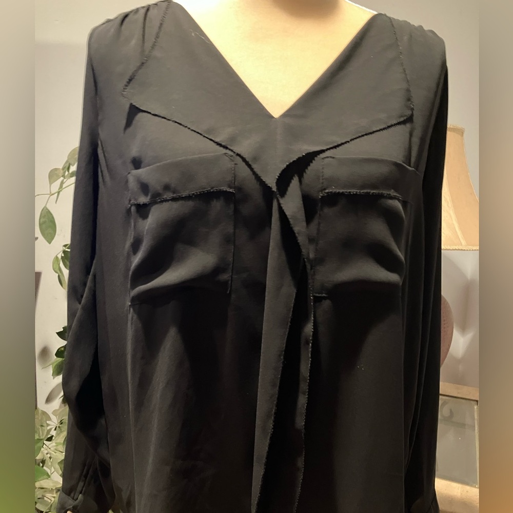 ZARA BLACK BLOUSE WITH FRONT POCKETS & RUFFLE